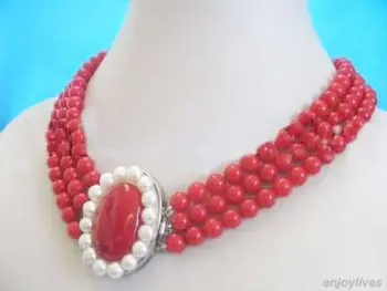 

huij 004906 3 Rows Red Coral Beads White Pearl White Gold Plated Clasp Pendant Necklace discount 40%