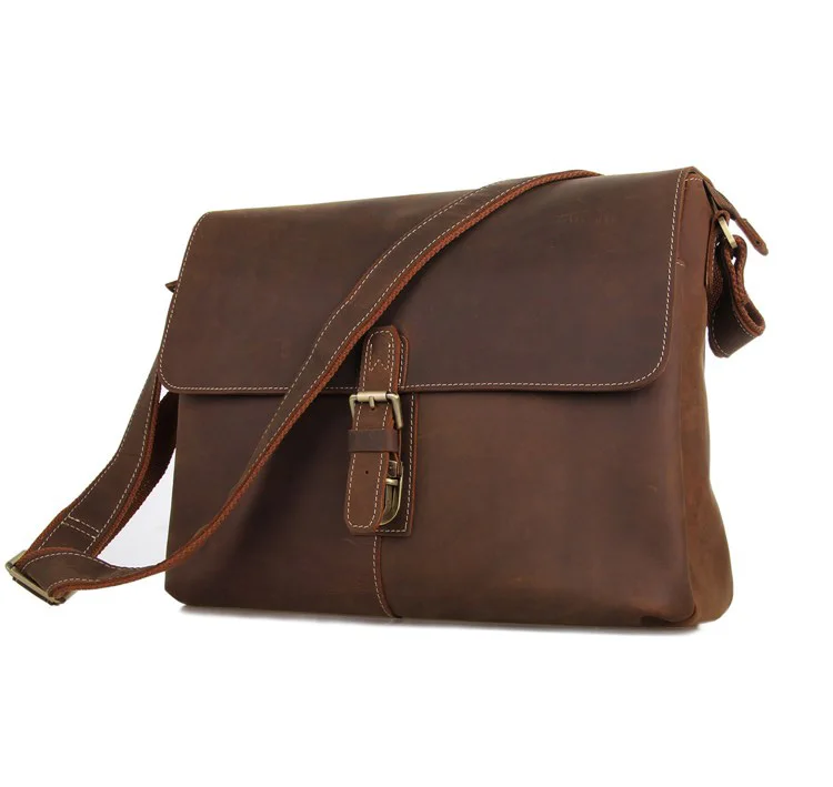 

Augus High Quality Crazy Horse Leather Mens Messenger Bag Crossbody Designer Sling Bag Brown Shoulder Bag 7084LB