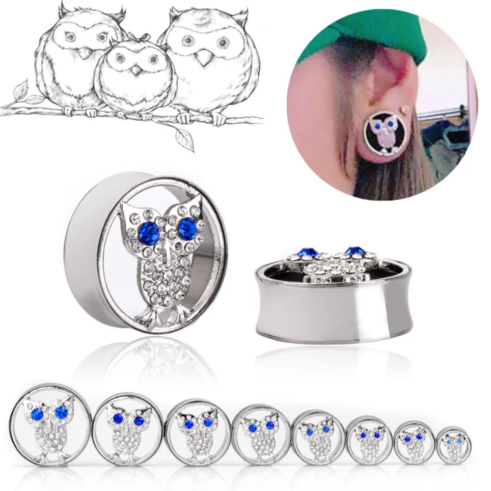 1Pair Stainless Steel Hollow Crystal Owl Ear Expander Flesh Tunnels