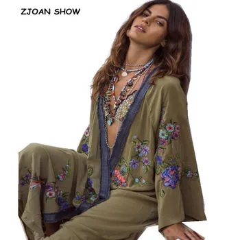 

2019 New Bohemian V neck Flower Embroidery Long Kimono Shirt Ethnic Women Holiday Long Cardigan Loose Blouse Beach Tops