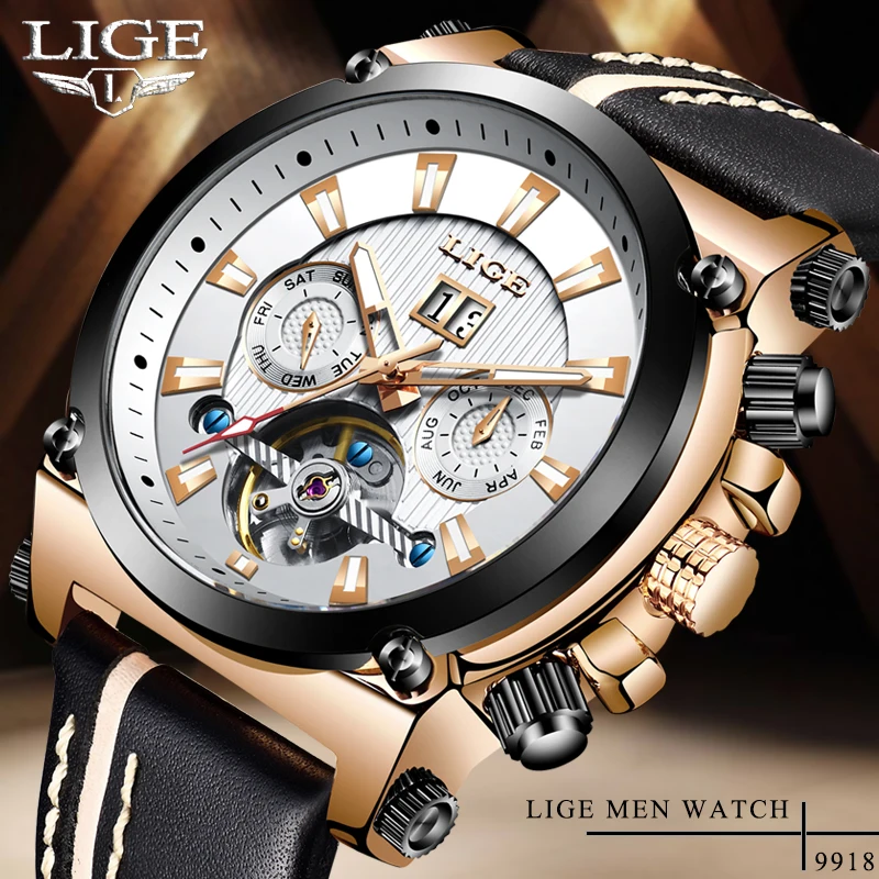LIGE мужские часы лучший бренд класса люкс Tourbillon автоматические золотые белые