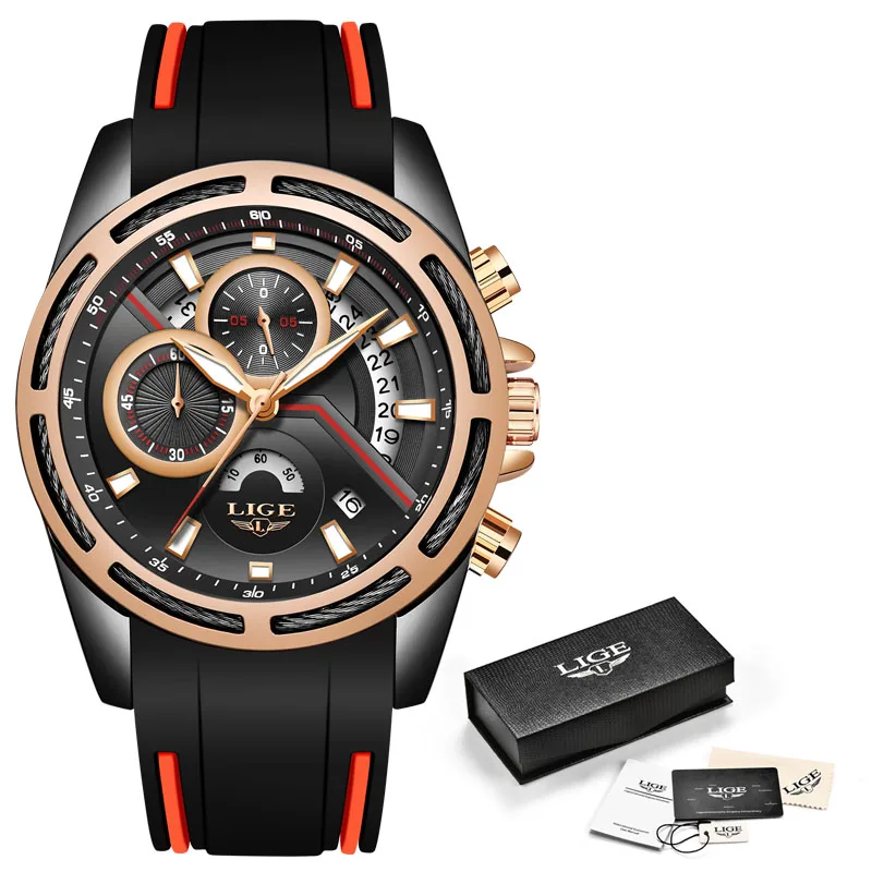 Black rose gold Relogio Masculino LIGE мужские часы с силиконовым ремешком Топ бренд класса люкс водонепроницаемые спортивные часы с хронографом золотые кварцевые наручные часы+ коробка - Цвет: Black rose gold