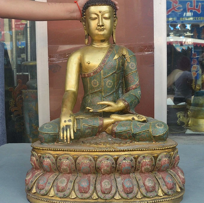 

25" Tibet Buddhism Cloisonne Lotus Flower Robe Sakyamuni Shakymuni Buddha Statue
