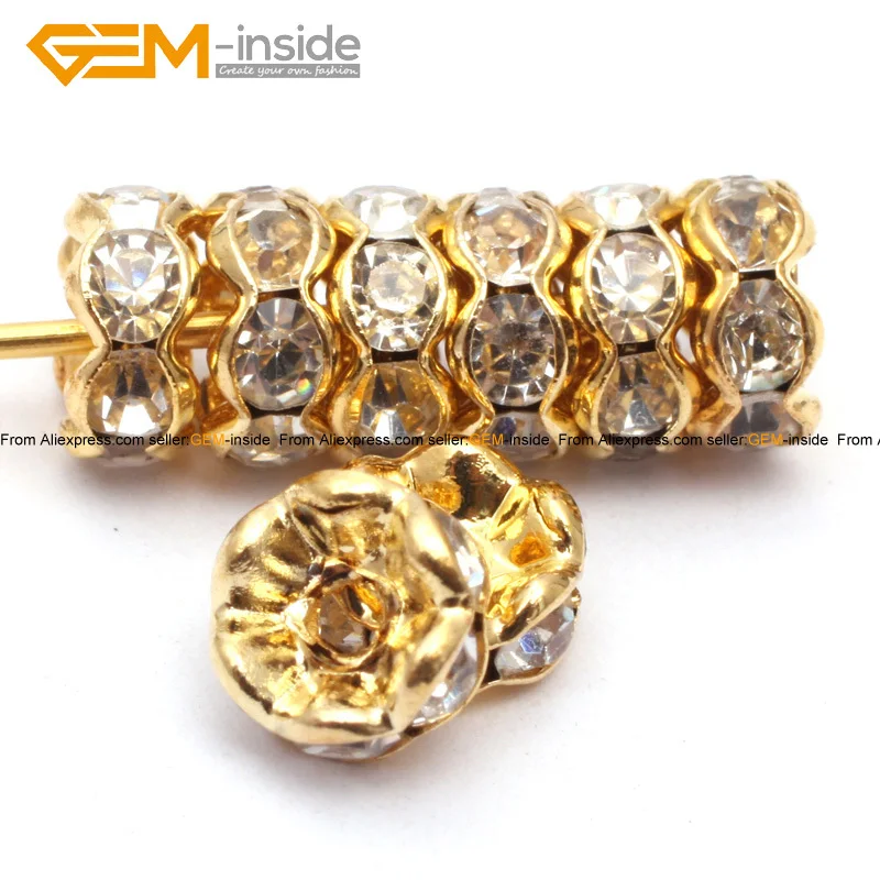 6mm White Crystal Rhinestone Rondelle Spacer Gold ...