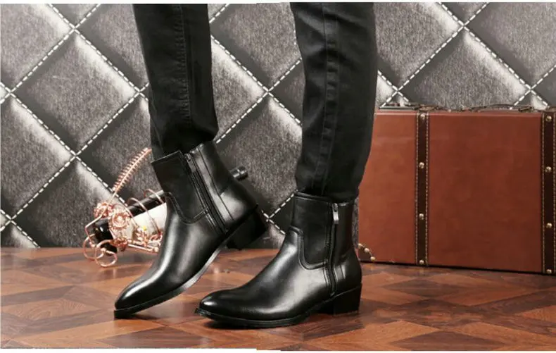 Men's Boots' Round Toe Ankle Boot Slip On Genuine Leather Snow Boots Men Winter Casual Chelsea Boots Black Mens Winter Shoes     (10)