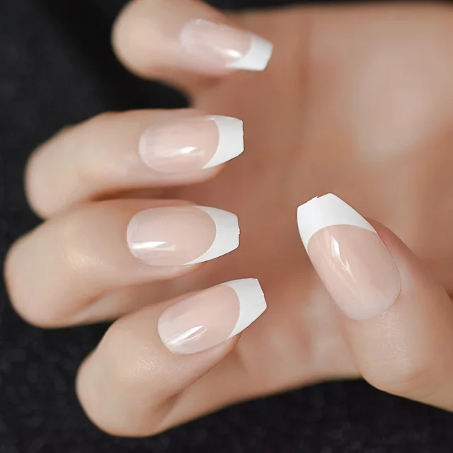 Long Transparent French Nail Square White Curved Press on False Nails