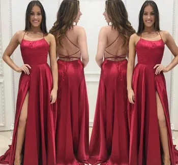 

vestidos de noiva A Line Side Split Prom Dresses 2020 Cheap Spaghetti Criss Cross Straps Back Sweep Train Evening Party Dresses