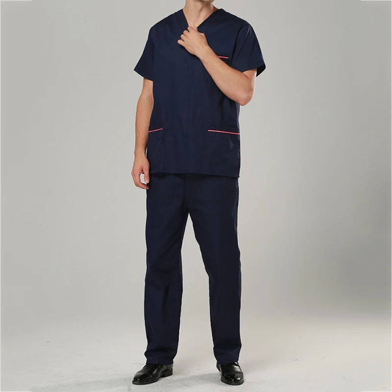 Мужской хирургический халат с коротким рукавом и v-образным вырезом, одежда для салона красоты, летняя медицинская одежда для больницы, мужская униформа медсестры, пальто+ штаны, S-2XL - Цвет: Dark Blue Men