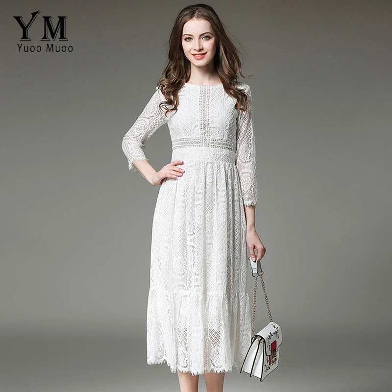 

YuooMuoo New European Design Vintage Romantic Lace Dress Star Fashion White Midi Dress High Quality Early Autumn Elegant Dress