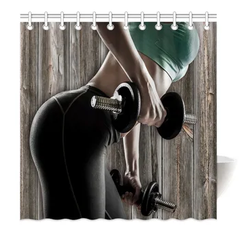 

HommomH Shower Curtain Weights Resistant Waterproof Fabric With Hooks Bathroom Sexy girl fitness dumbbell wood grain