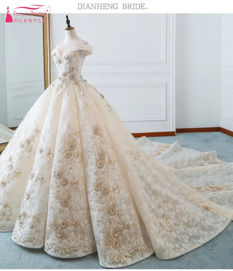 TANYA BRIDAL Luxury Lace Cathedral Свадебные платья Шампанское с открытыми плечами принцесса скромный свадебное платье JQ326