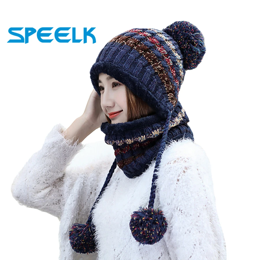 

Warm Knit Hat Women Thick Warm Beanies Skullies Hats Female knitted Bonnet Beanie Caps Lady Winter Velvet Knit Bike Cap Bib