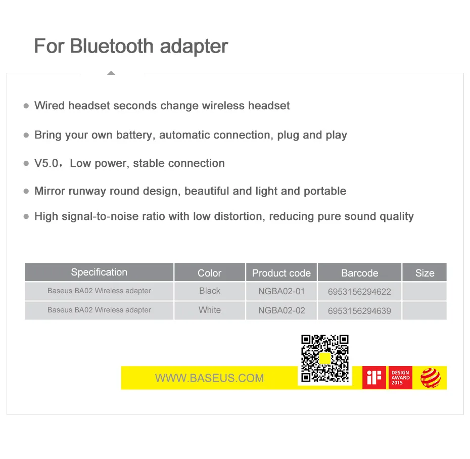 Baseus BA02 Bluetooth 3.5mm Audio Wireless adapter for Earphone Headphone Speaker Bluetooth 5.0