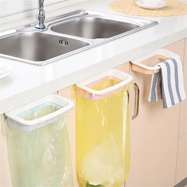 Cheap 1Pcs Kitchen Gadgets Cabinet Door Garbage Bag Shelf Kitchen Tools Rack Hanging Storage Trash Rack Kitchen Accessories Goods,Q