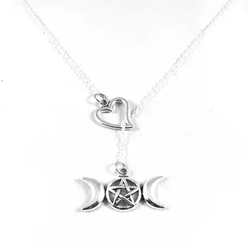 Heart Lariat   Triple Moon Goddess Wicca Pentagram Necklace Pendant Vintage Silver Magic Collares Choker Necklace Jewelry Women