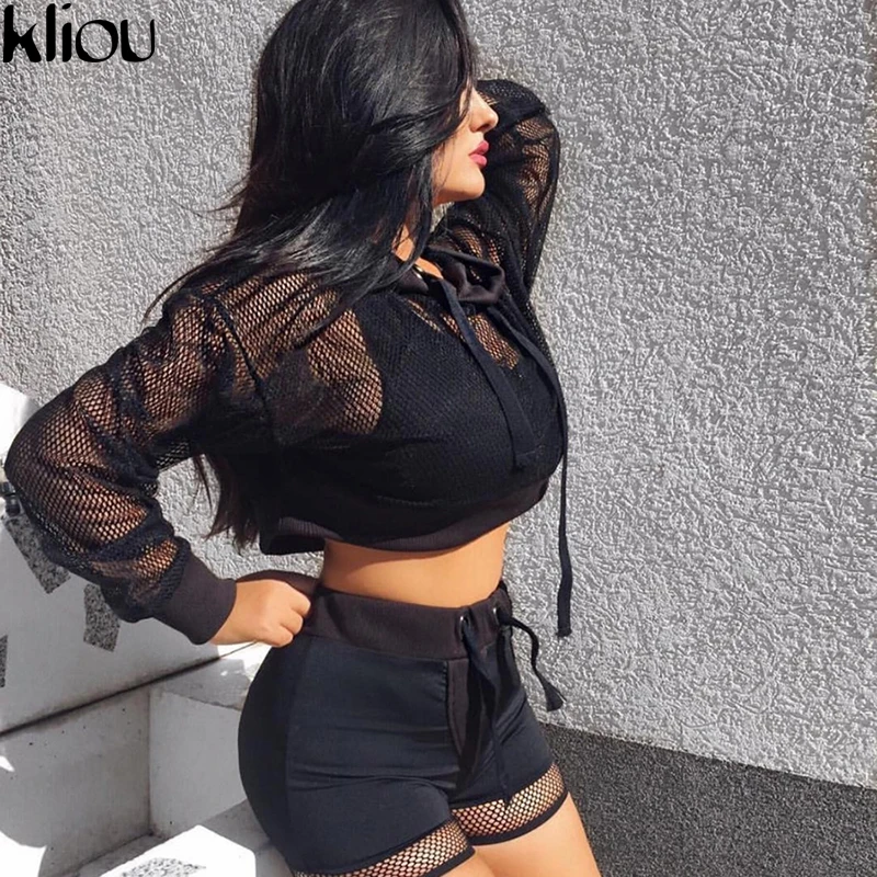 Kliou طويلة الأكمام شبكة انظر من خلال مثير هوديس 2018 الصيف الخريف النساء أزياء جديد قناع السترة هوديس سوياتشيرتس الصلبة