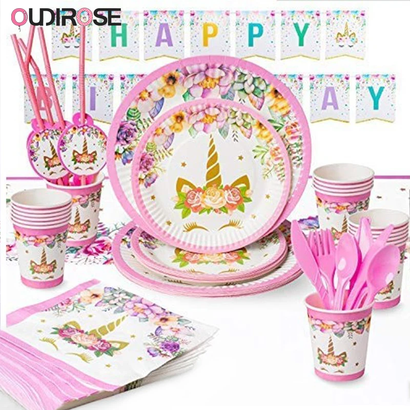 

Unicorn Party Supplies Baby Shower Birthday Party Set Decoration Paper Cup Plate Napkin Banner Flag Hat Straw Pink Popcorn box