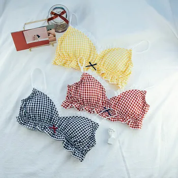 

Japanese underwear lace edge retro jacquard checked bra and panty set soutien feminino brassiere femme soutien gorge