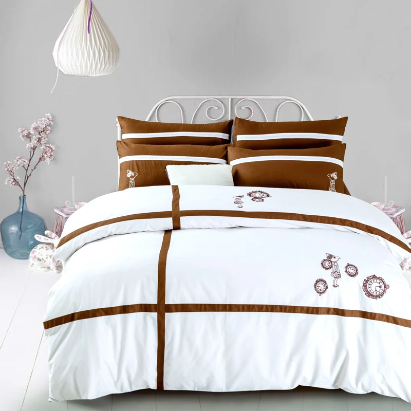 

Simple And Stylish Embroidery Cotton Bedding Set Satin Duvet Cover Bed sheet Pillowcase Bed Linen Home textile King Queen Size