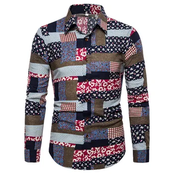 

Vintage Floral Print Cotton Linen Shirts Men 2019 Fashion Wedding Party Long Sleeve Mens Dress Shirts Casual Hawaiian Shirt 5XL