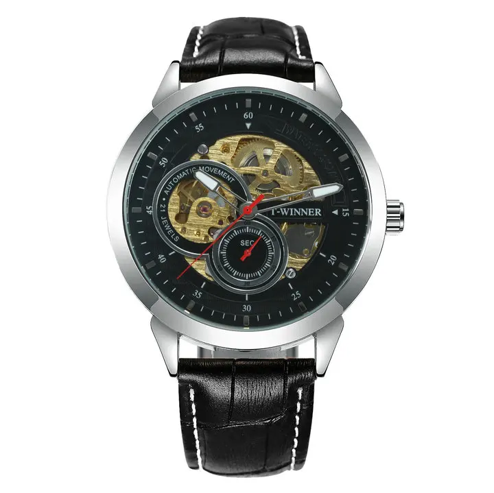 WINNER официальные автоматические механические часы для мужчин скелет мужские s часы лучший бренд класса люкс кожаный ремешок аналоговые наручные часы для мужчин - Цвет: SILVER BLACK