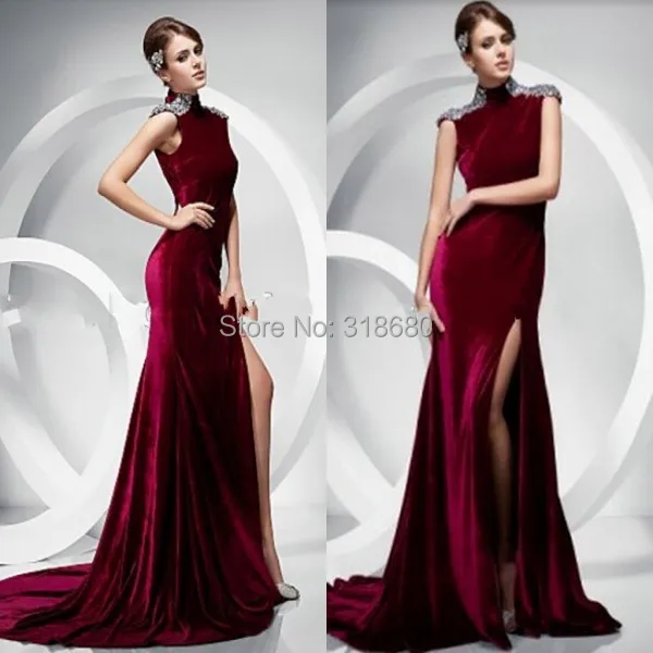 Y High Neck Beaded Side Burgundy Long Velvet Evening Dress Y High Neck Beaded Side Burgundy Long Velvet Evening Dress With Tail