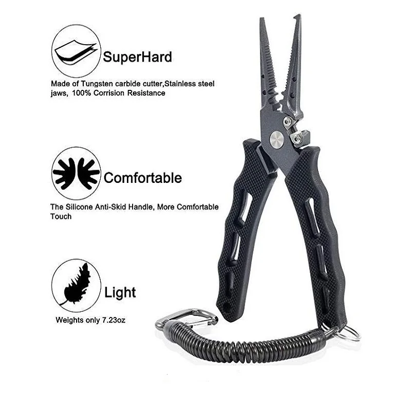 Fishing Pliers Split Ring Cutters Fishing Holder Tackle with Sheath & Retractable Tether Combo Hooks Remover Fishing Tool 