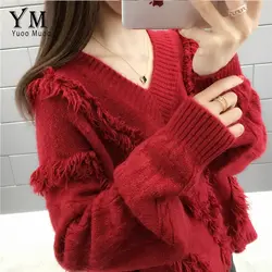 YuooMuoo Ins, модный свитер с v-образным вырезом и кисточками, новинка 2019, корейский стиль, свободные пуловеры, базовый вязаный красный джемпер