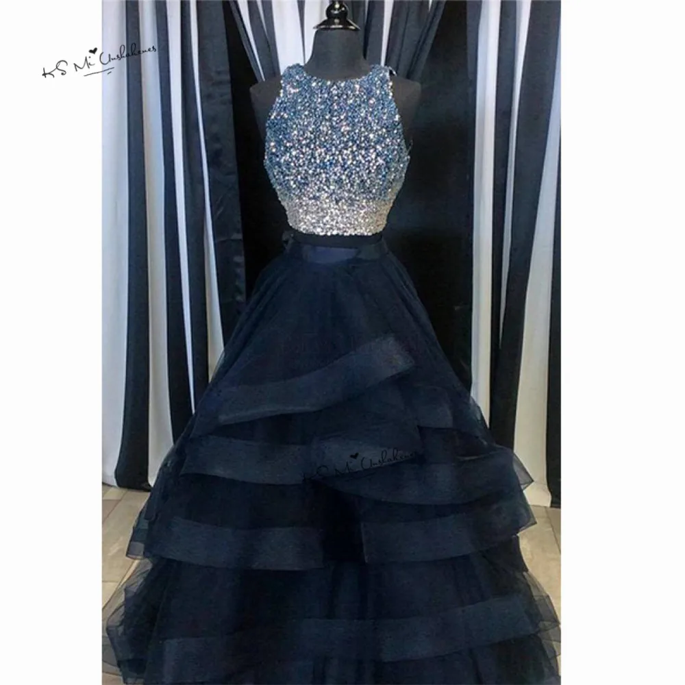 Темно-синие длинные платья для выпускного вечера со стразами юбка с оборками 2 шт. вечерние платья Vestido de Formatura бальное платье