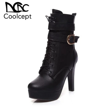 

Coolcept Size 34-43 Women Thick High Heels Winter Boots Women Cross Strap Side Zip Shoes With Thick Platform Women Warm Botas