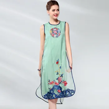 

Summer Dress Ethnic Vintage Embroidery Women O Neck Sleeveless Silk Organza Hi-Lo Irregular Elegant A Line Dress M-XXL