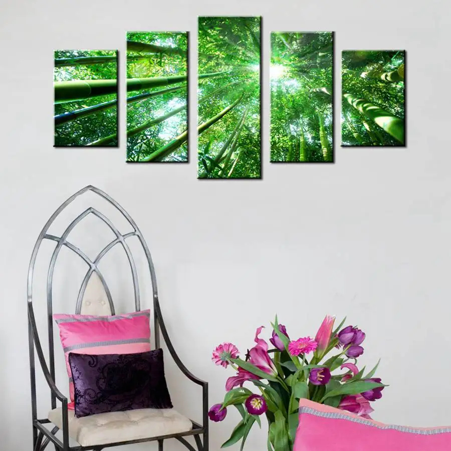 

5 Panels Modern Artwork Green Leaf Tree to Skyline in Sumer Wall Art Decor for Home Decor Art Painting Print on Canvas Best Gift