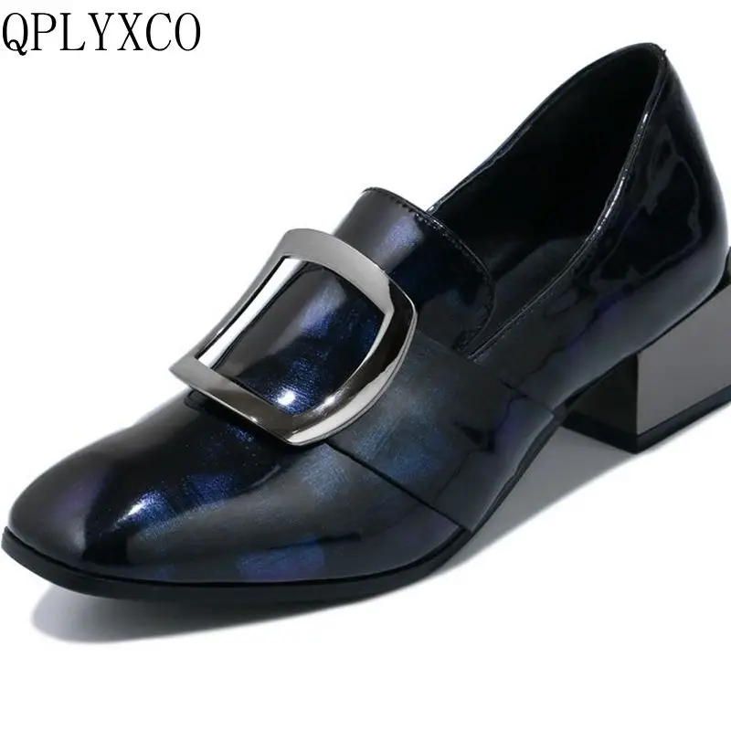 

QPLYXCO 2017 New hot Sale super big and Small size 32-48 Patent Leather Women Square Toe Platform party wedding shoes 7616-1