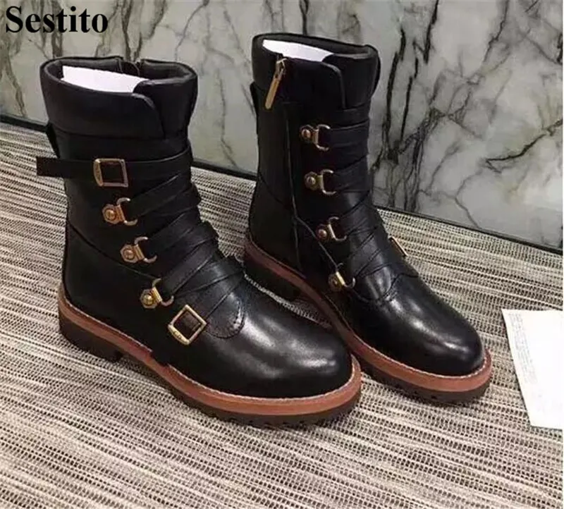 

Europe Style Black Metal Buckle Woman Boots Round Toe Low Heel Ankle Boots For Women Zip Short Boots Autumn Casual Women Shoes