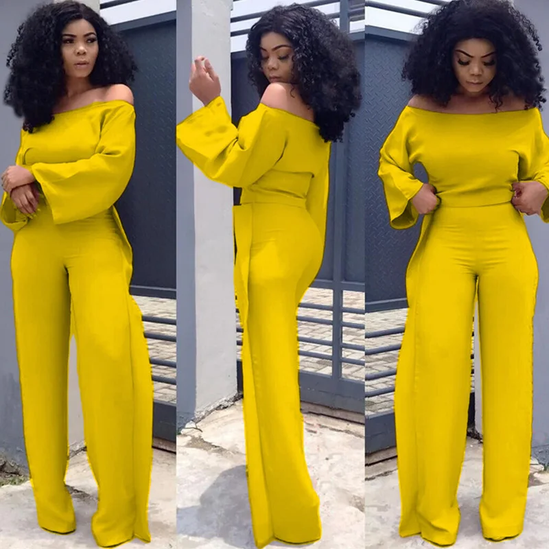 Womens Solid Two Piece Outfits Strapless Ruffled Off Shoulder Crop Tops High Waist Wide Leg Pants Set Plus Size