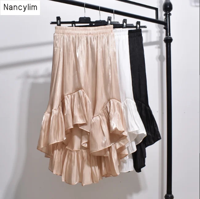 

Glossy satin Lotus leaf side irregular skirt female 2019 new summer high waist ruffles skirts student solid color skirts