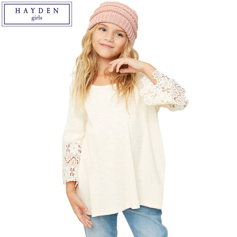 

HAYDEN Girls Lace Bell Sleeve Top Kids Loose Fit Basic Shirt Teen Girls Long Sleeve Solid Color Tee Shirts 2017 Autumn Clothes