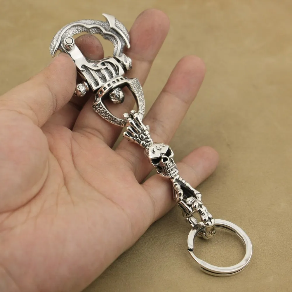 

925 Sterling Silver Helmet Armor Skull Hand Mens Biker Punk KeyChain 8J027A