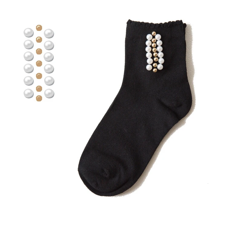 Новые хлопковые милые носки, инкрустированные жемчужинами, женские черно-белые свадебные носки, женские японские корейские модные короткие женские пикантные носки - Цвет: 3 Vertical bar black