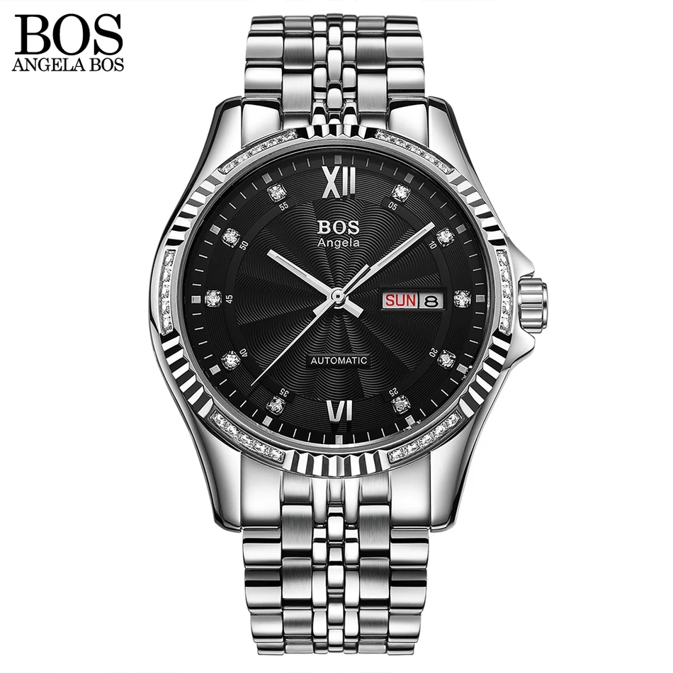 

ANGELA BOS Automatic Watch Mens Mechanical Black Stainless Steel Luminous Calendar Date Waterproof Luxury Watch Men Famous Brand