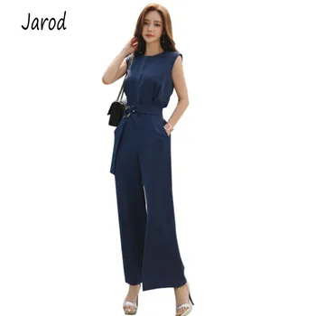 

2019 High Quality Jumpsuit For Women Summer O Neck Sleeveless Wide Leg Pants Solid Blue Korean OL Formal Wear