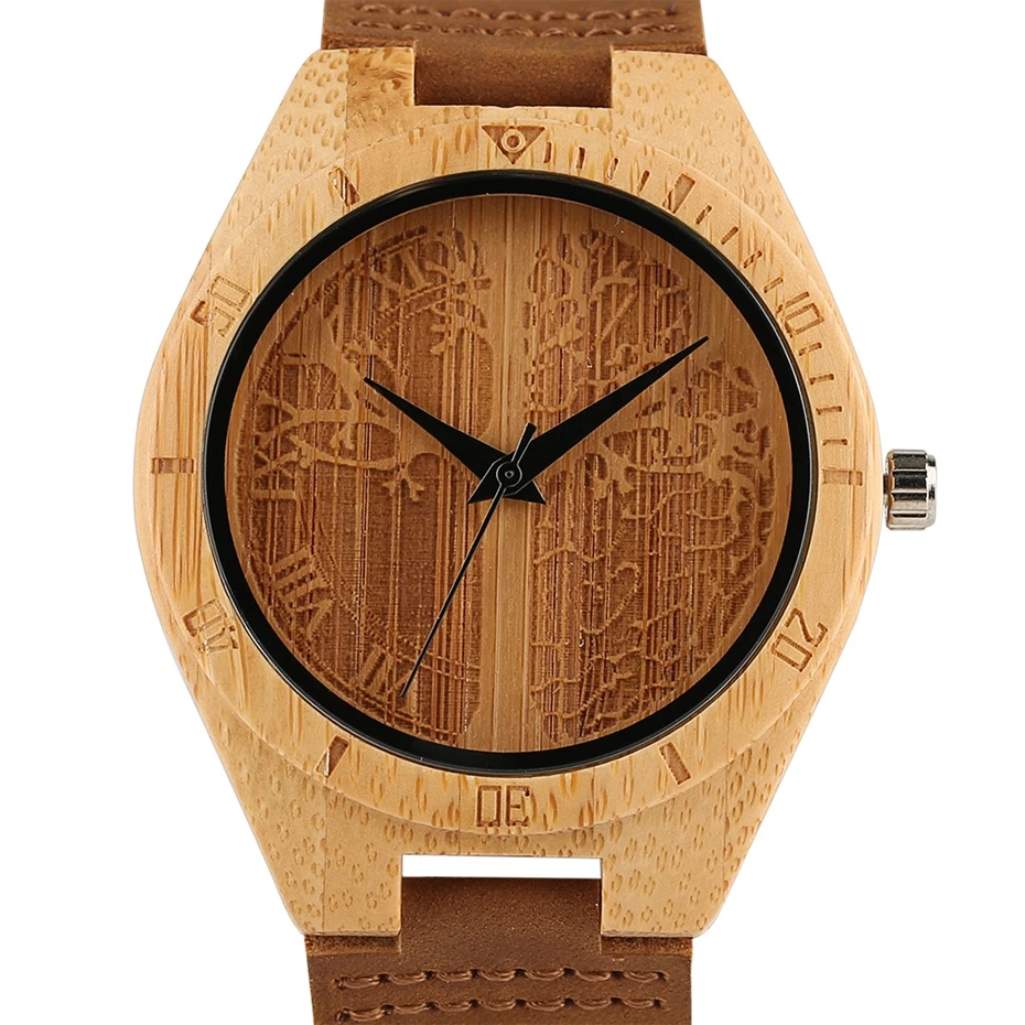 Men Watch Creative Carving Life Tree Dial Wood Watch Simple Bamboo Wooden Watch Male Handcrafted Genuine Leather Reloj de madera 2018 (5)