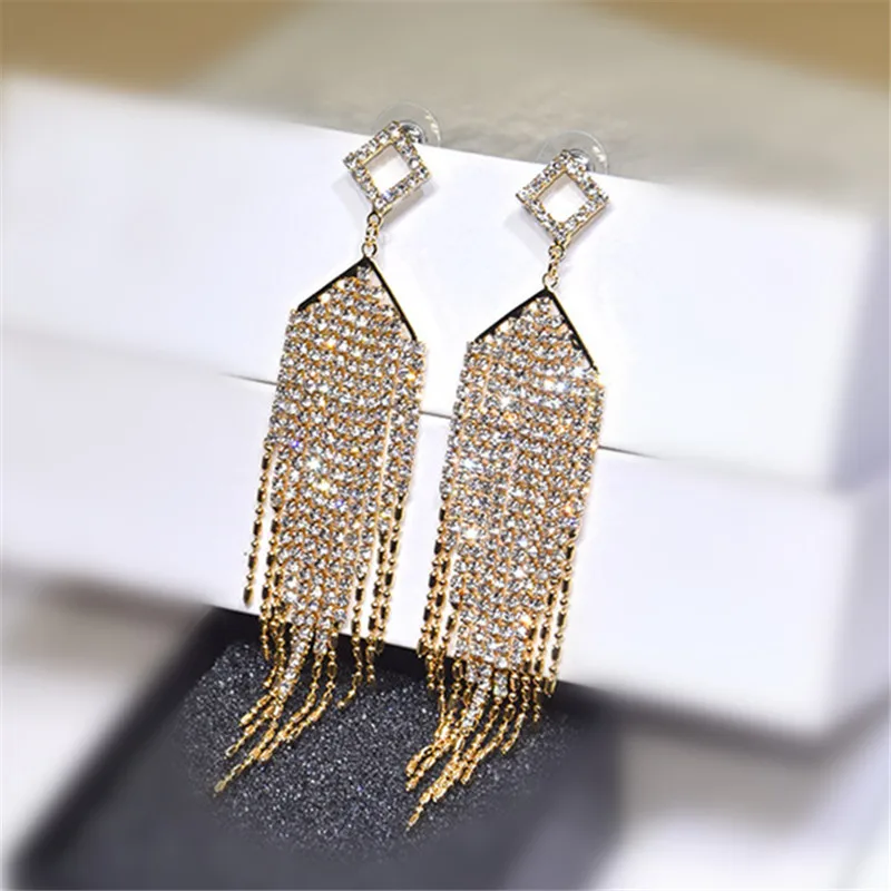 

Ajojewel Super Bling Rhinestone Chain Tassel Earrings For Women Fashion Bridal Wedding Dangle Earrings Long Brass Jewelry
