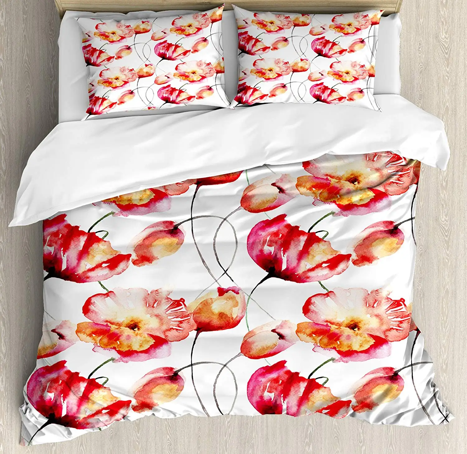 Watercolor Flower Duvet Cover Set, Shaded Large Poppy and Tulip Flower Painting Pure Spring
