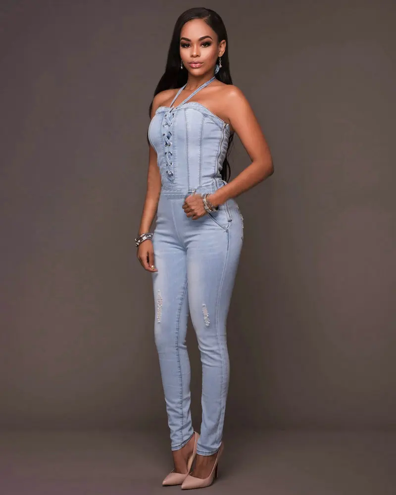 Women Cross Lace Up Denim Jumpsuits Casual Sexy Stretch Romper Ladies