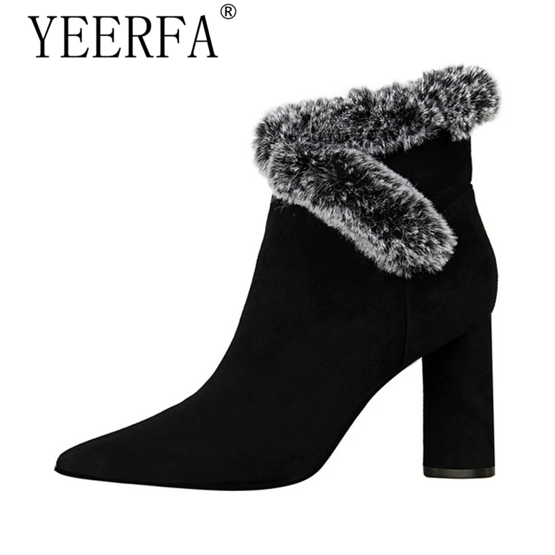 

Rabbit Fur Women Boots High Heels Ankle Boots Pointed Toe 8.5cm 2017 New Short Boots Heels Winter Shoes Women High Heels