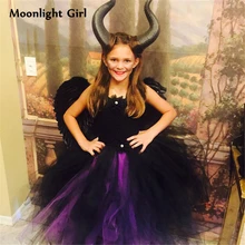 black evil girl tutu dress maleficent queen dress wings horn headbands cosplay halloween costume for kids