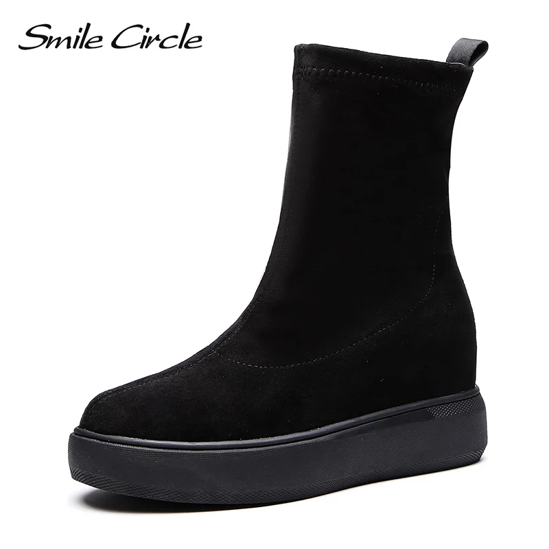 

Smile Circle Slip-on Suede Elasticity Boots for Women Simple Round toe Flat short boots 2018 Autumn Elasticity Women Shoes black