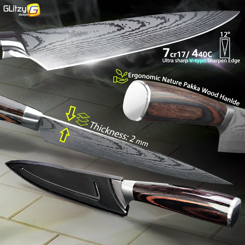 Кухонный нож 8 дюймов поварские ножи 7CR17 440C из высокоуглеродистой японской нержавеющей стали имитированный дамасский шлифовальный лазерный узор Santoku