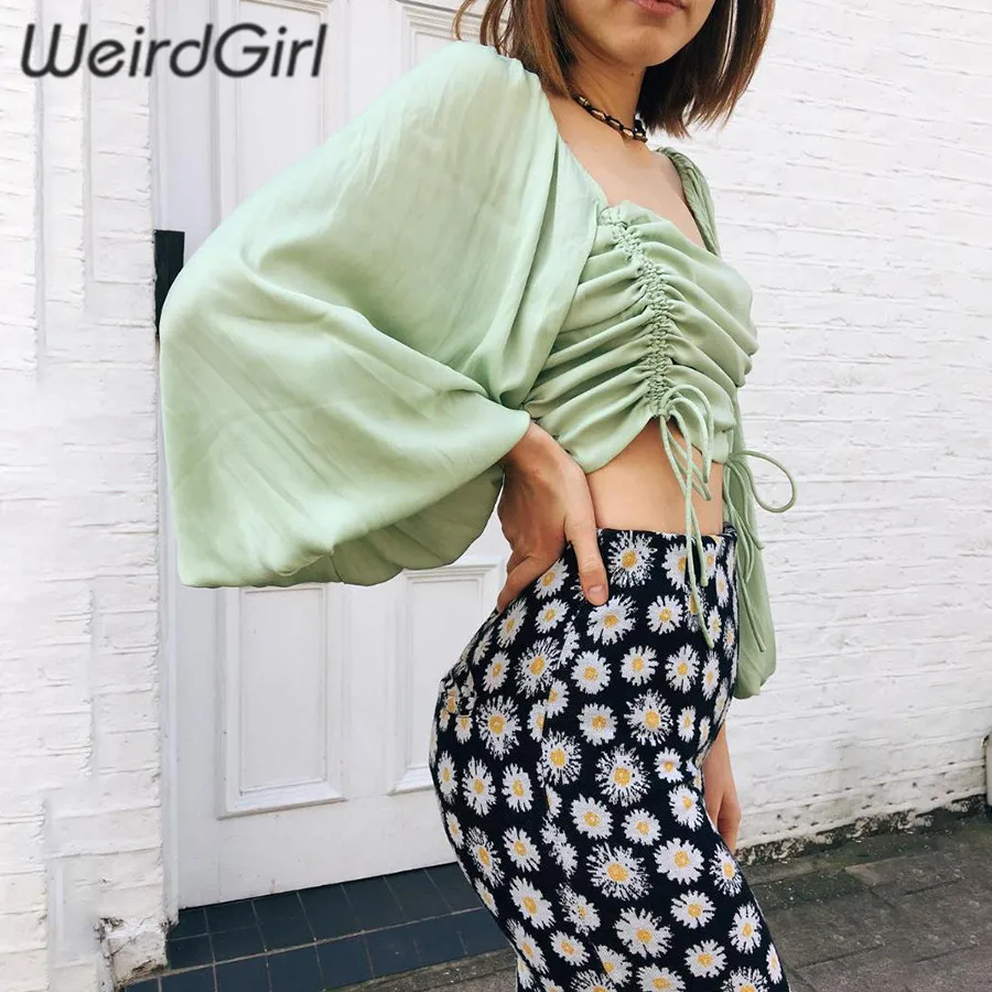 Weirdgirl, женская модная футболка, облегающие зеленые кроп-топы, квадратный вырез, длинный рукав, женские футболки, летняя уличная одежда, на выход, элегантные